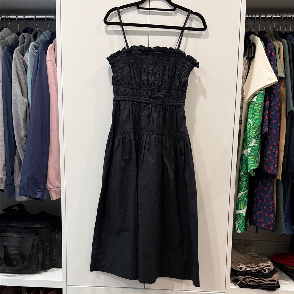 Ulla Johnson Black Smocked Midi Dress with Thin Straps
